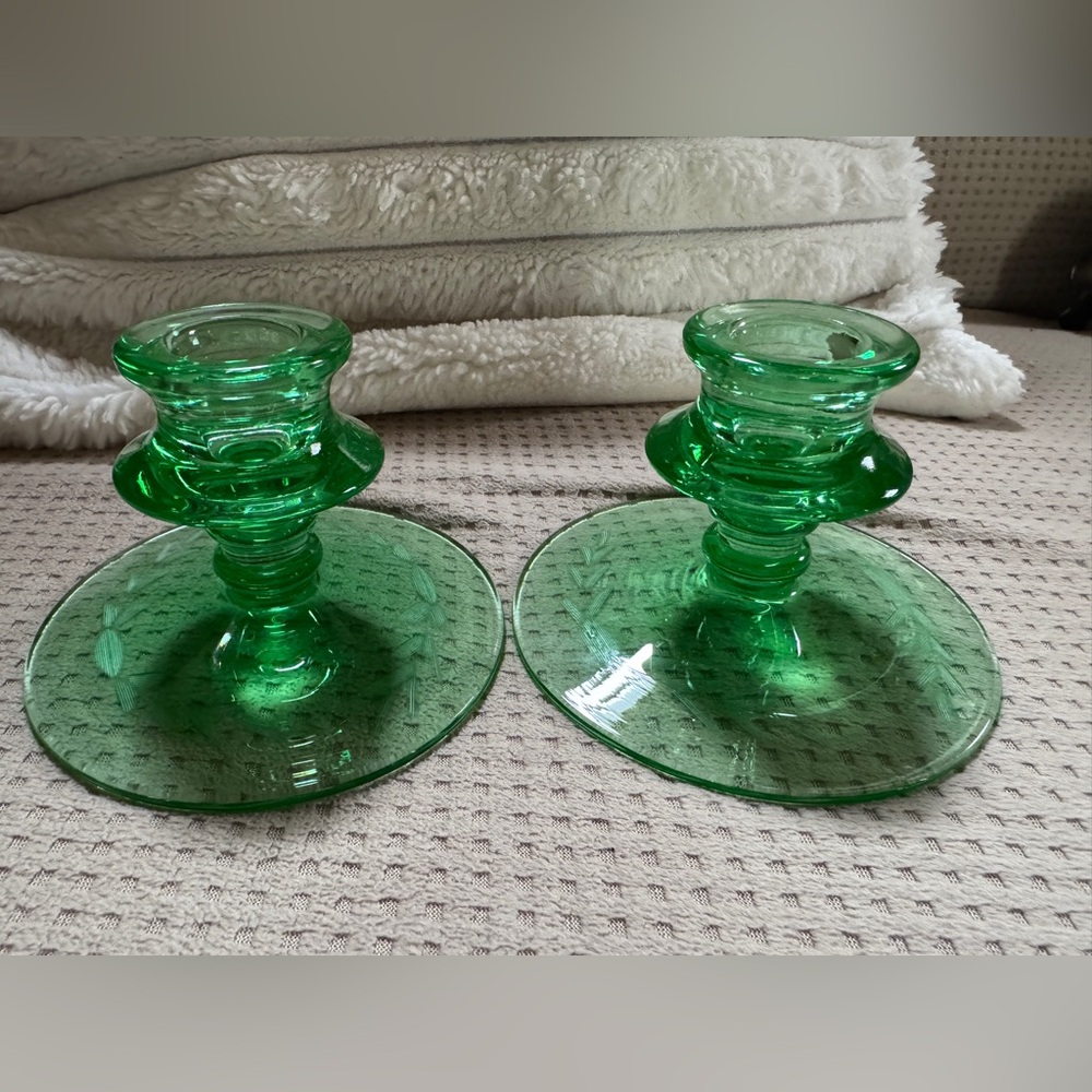 Vintage Uranium Green Glass Candlestick Holders – Etched Wheat Pattern (2)
